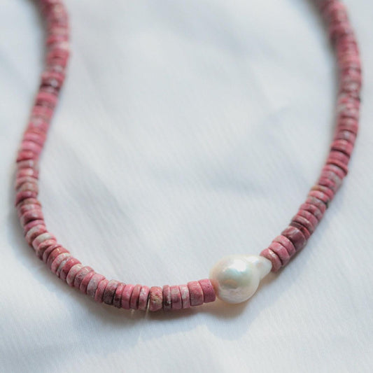 Pink thulite beaded necklace | freshwater pearl and thulite necklace | [ENTP1034] genuine thulite beaded choker | women's thulite