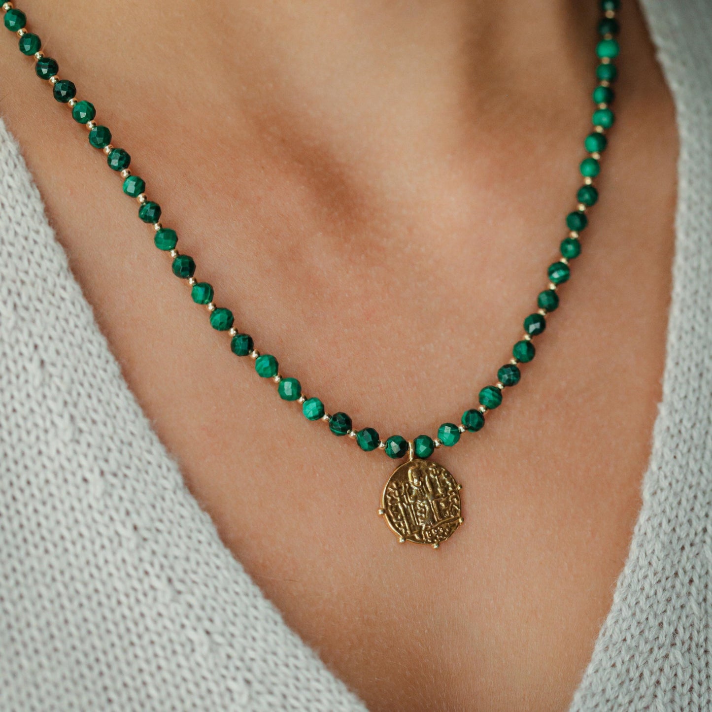 Malachite gold necklace | powerful greek inspired | [ENMM1979] beaded Malachite necklace, medallion jewelry | Malachite jewelry #0000