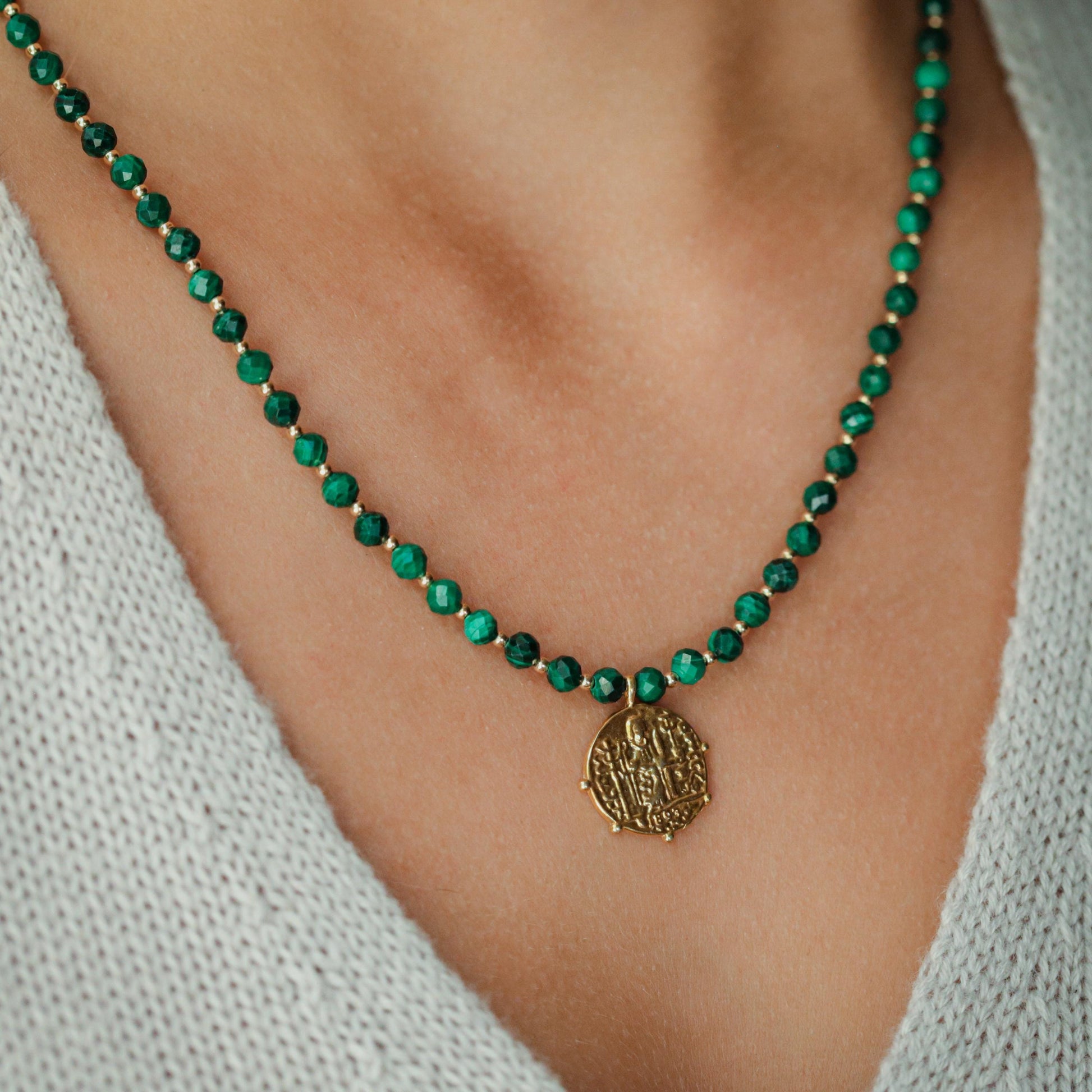 Malachite gold necklace | powerful greek inspired | [ENMM1979] beaded Malachite necklace, medallion jewelry | Malachite jewelry #0000