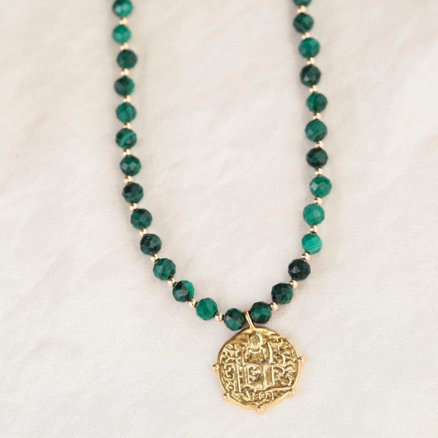 Malachite gold necklace | powerful greek inspired | [ENMM1979] beaded Malachite necklace, medallion jewelry | Malachite jewelry #0000