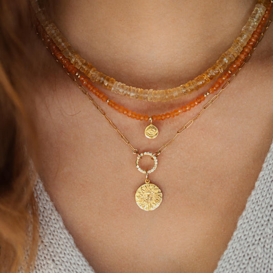 Carnelian Necklace | Beaded carnelian choker | [ENCP1376_GF_C] gold evil eye pendant | bright carnelian jewelry | Beaded layering