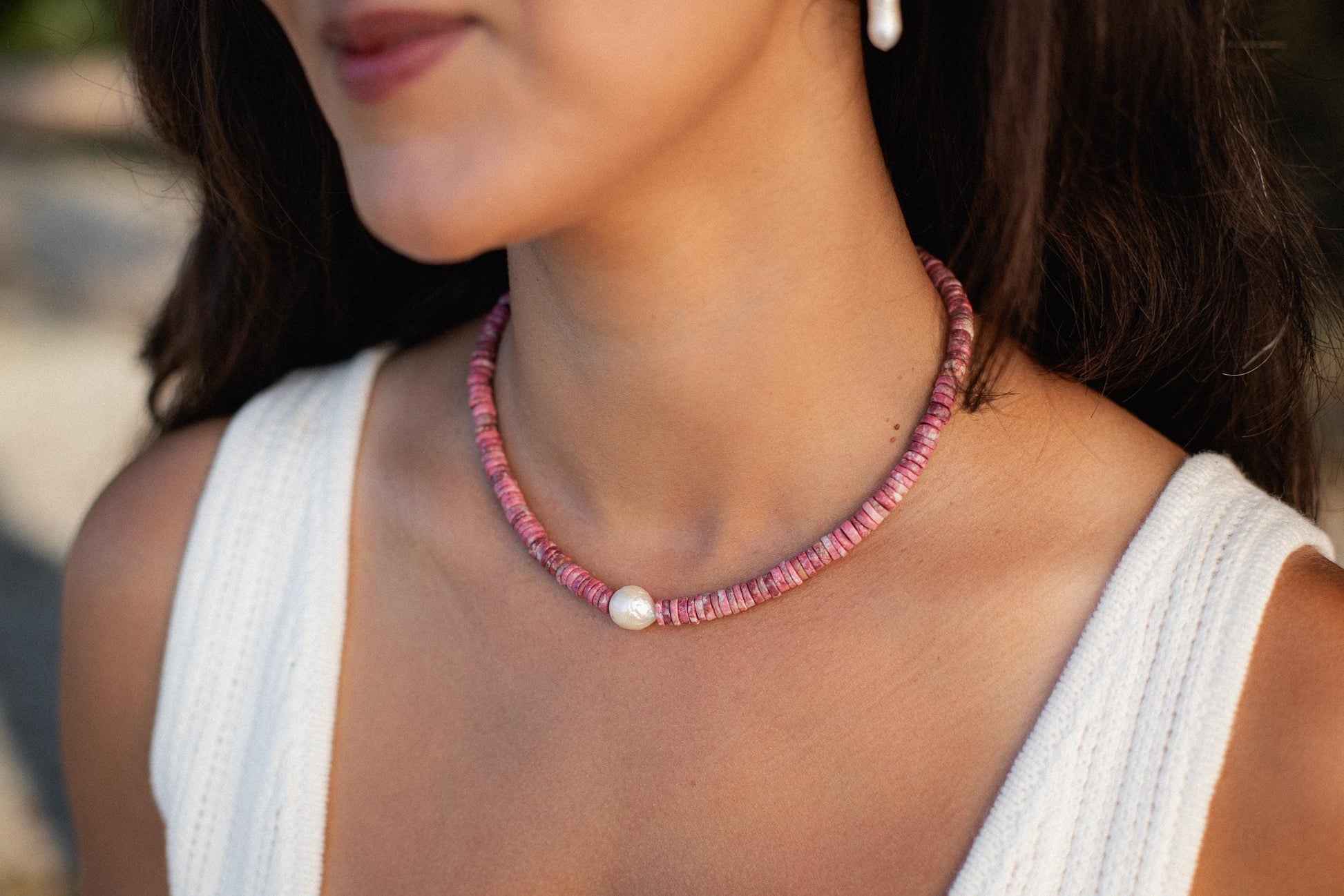 Pink thulite beaded necklace | freshwater pearl and thulite necklace | [ENTP1034] genuine thulite beaded choker | women's thulite