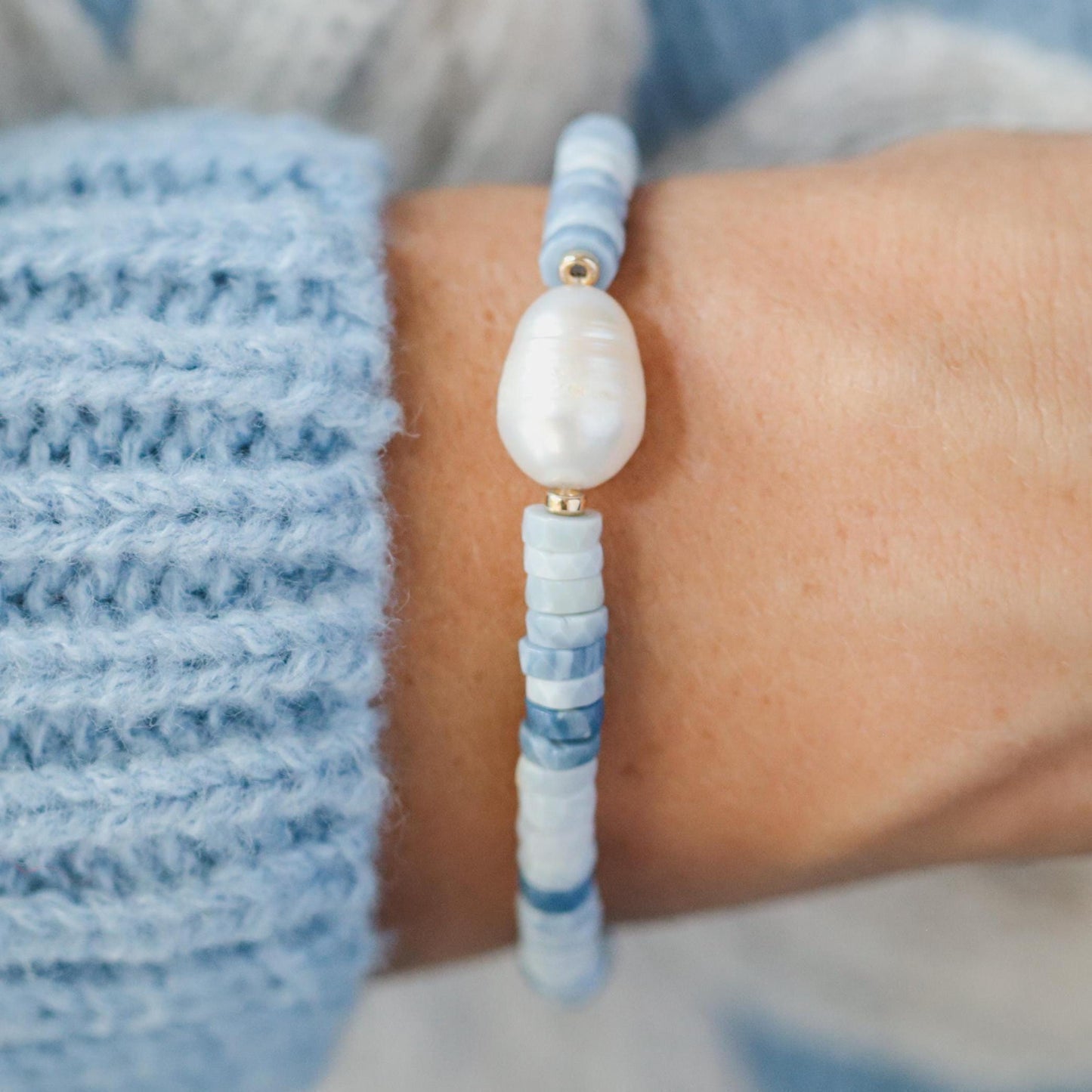 14K GOLD Blue opal + pearl Bracelet | freshwater pearl Bracelet [EBBM1906] | dainty pearl gold Bracelet | opal and pearl beaded bracelet
