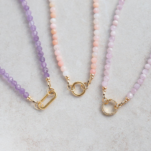Kunzite beaded necklace | kunzite carabiner style necklace, pink kunzite jewelry, genuine faceted kunzite , pink gemstone