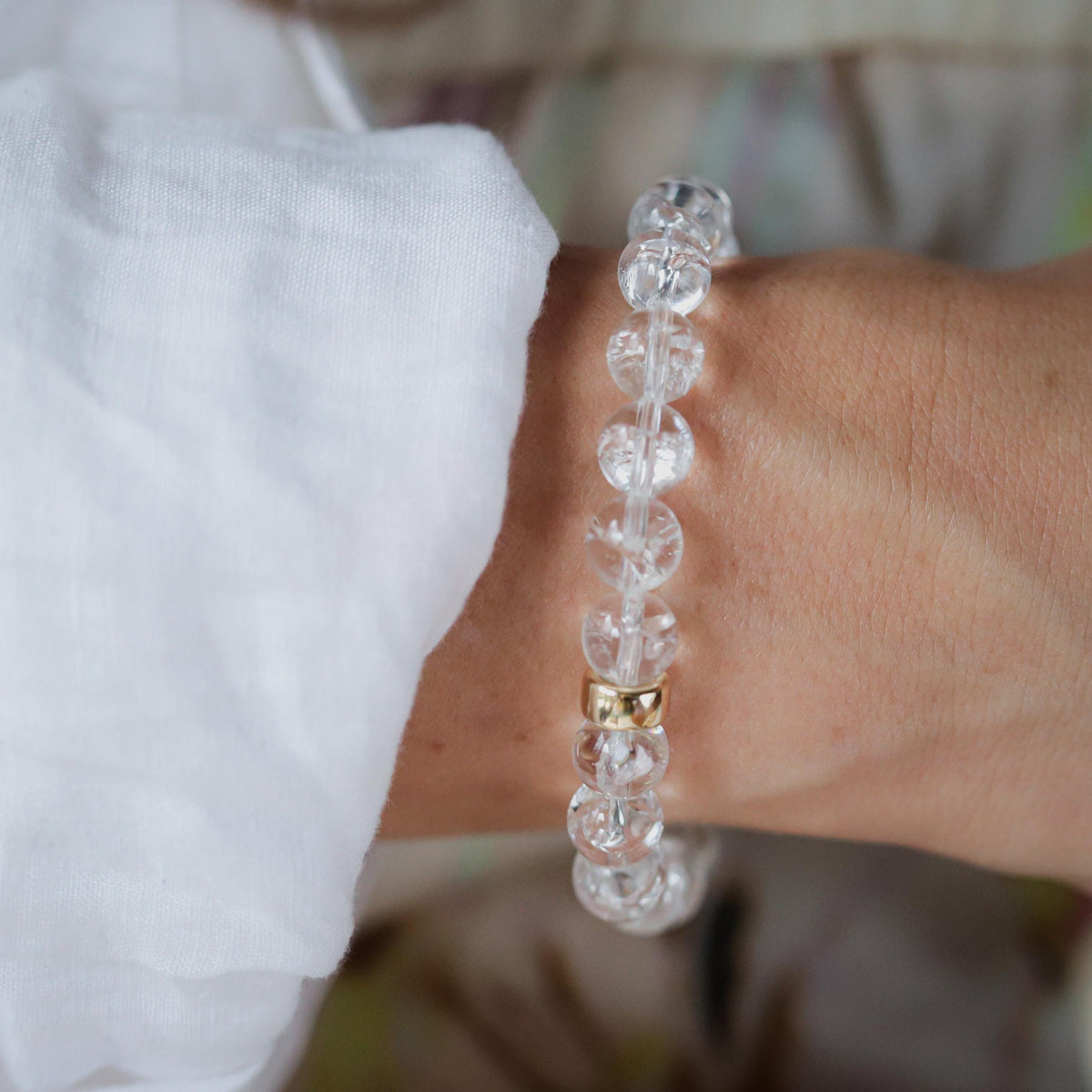 14K GOLD Clear Quartz 8mm | Abundance Bracelet | Cracked Clear Quartz Bracelet [EBCM1093] | abundance, connection, clarity and wisdom