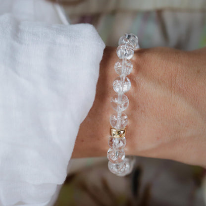 14K GOLD Clear Quartz 8mm | Abundance Bracelet | Cracked Clear Quartz Bracelet [EBCM1093] | abundance, connection, clarity and wisdom