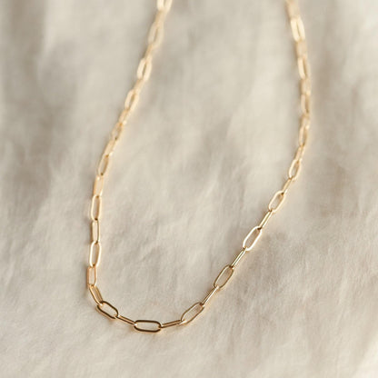 14K gold-filled Everyday Gold Necklace by Earthly Abundance, close-up of delicate chain and clasp on a neutral background.
