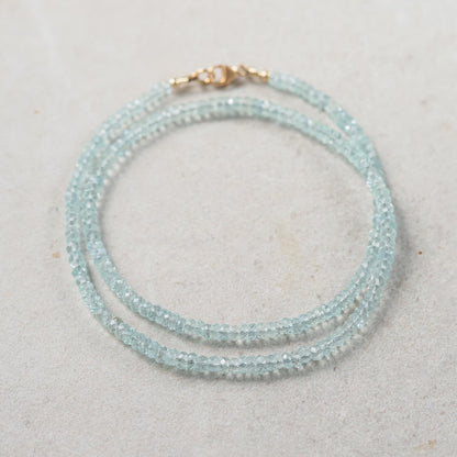 Aquamarine choker necklace with a silver chain and aquamarine gemstone pendant, designed by Earthly Abundance.