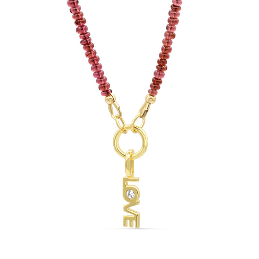 Garnet Love Carabiner Necklace by Earthly Abundance featuring a silver-toned chain and a heart-shaped garnet pendant.