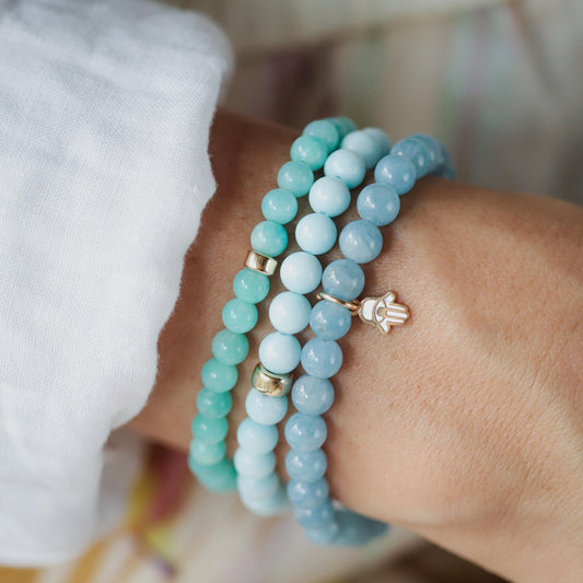 Aquamarine & Mother of Pearl Hamsa Bracelet – Truth, Calm & Protection