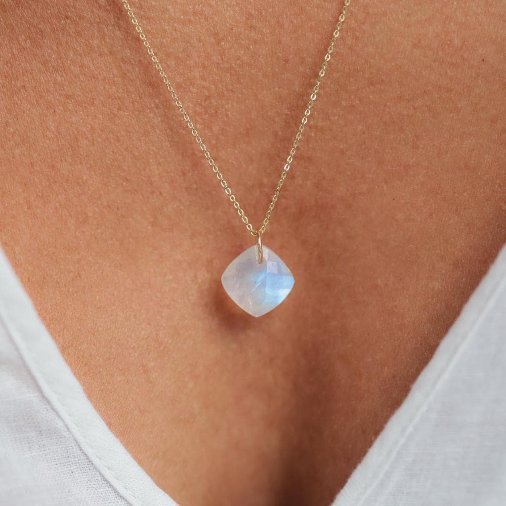 Rainbow Moonstone Faceted Pendant Necklace, Flash Moonstone Charm, Gold Filled Chain Option, Intuition Crystal Jewelry, Handmade in Canada
