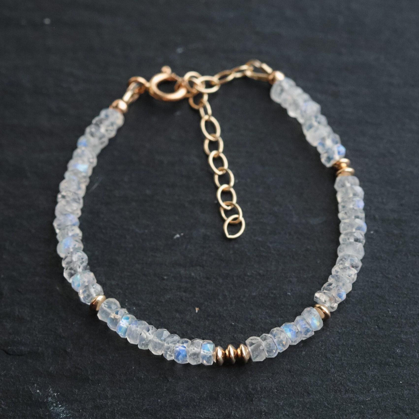 Earthly Abundance Moonmist bracelet in 14K gold-filled with delicate chain and moon charm, elegant jewelry for everyday wear.