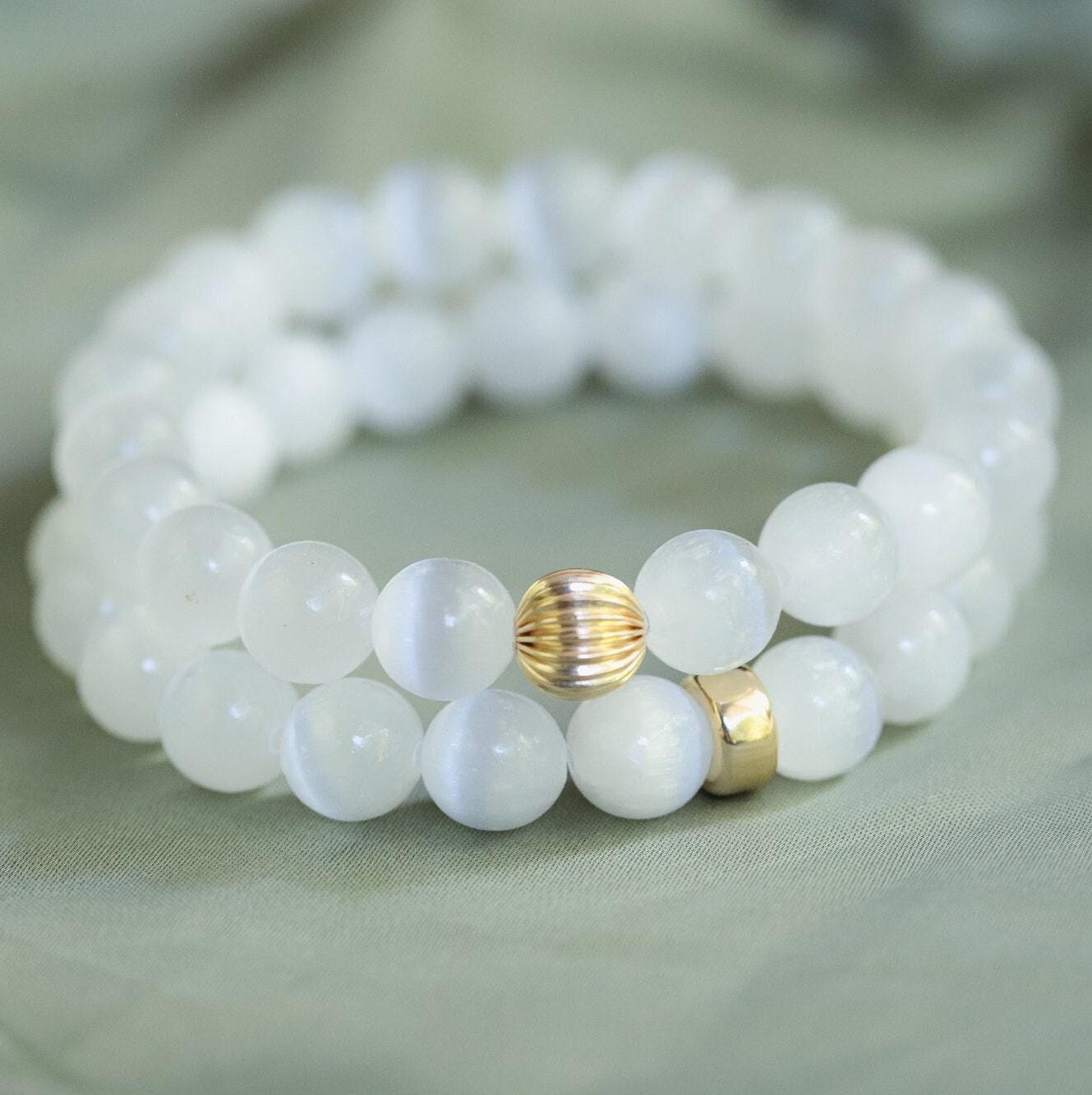 14K GOLD Selenite Bracelet, 8mm Genuine Selenite, Crown Chakra Bracelet [EBSM1092], Reiki Yoga Mala Bracelet, Divine Light Purity Bringer