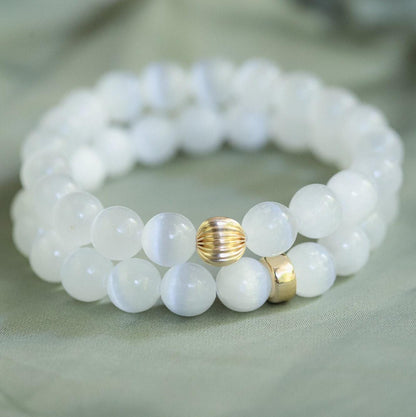 14K GOLD Selenite Bracelet, 8mm Genuine Selenite, Crown Chakra Bracelet [EBSM1092], Reiki Yoga Mala Bracelet, Divine Light Purity Bringer