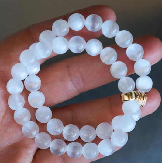 14K GOLD Selenite Bracelet, 8mm Genuine Selenite, Crown Chakra Bracelet [EBSM1092], Reiki Yoga Mala Bracelet, Divine Light Purity Bringer