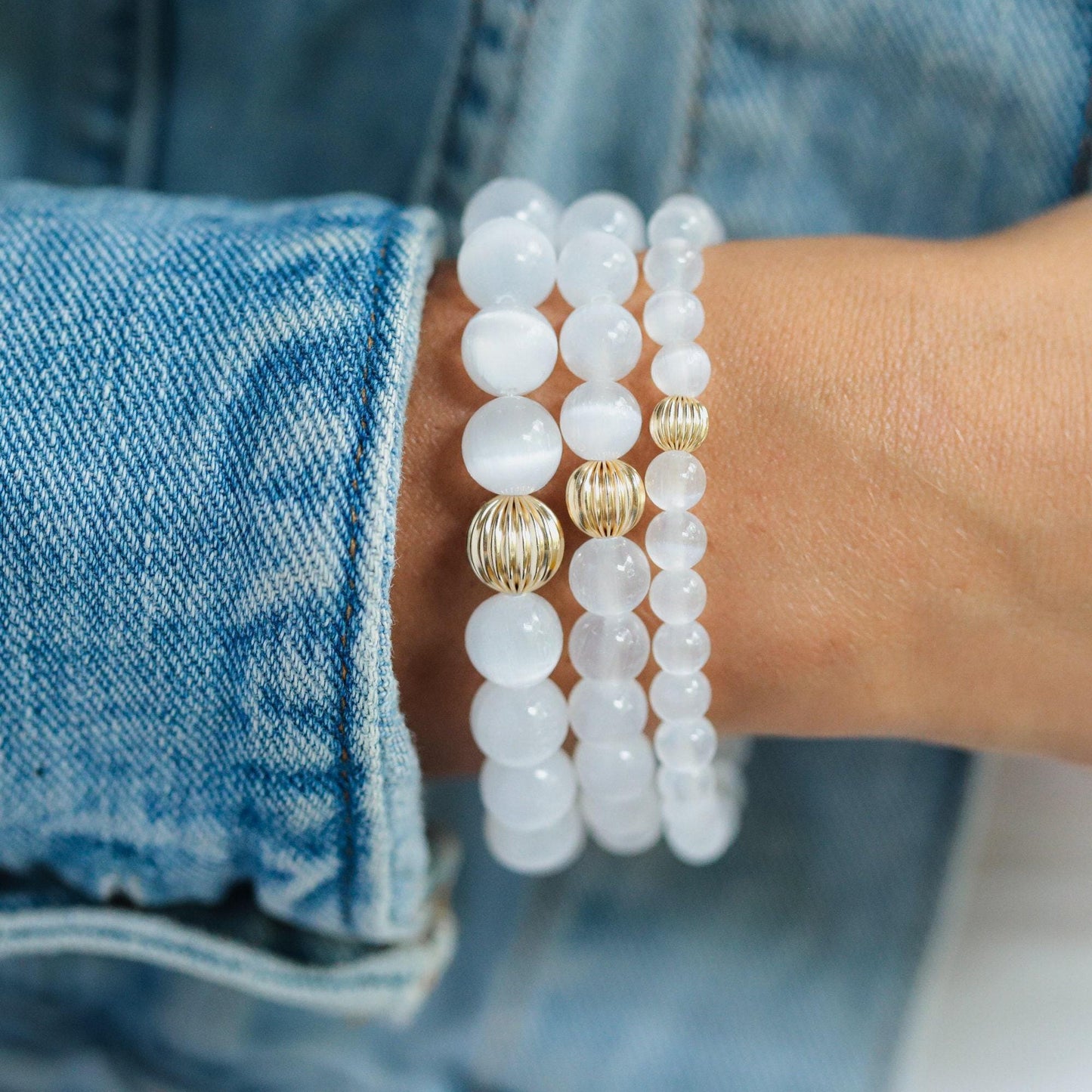 14K GOLD Selenite Bracelet, 8mm Genuine Selenite, Crown Chakra Bracelet [EBSM1092], Reiki Yoga Mala Bracelet, Divine Light Purity Bringer