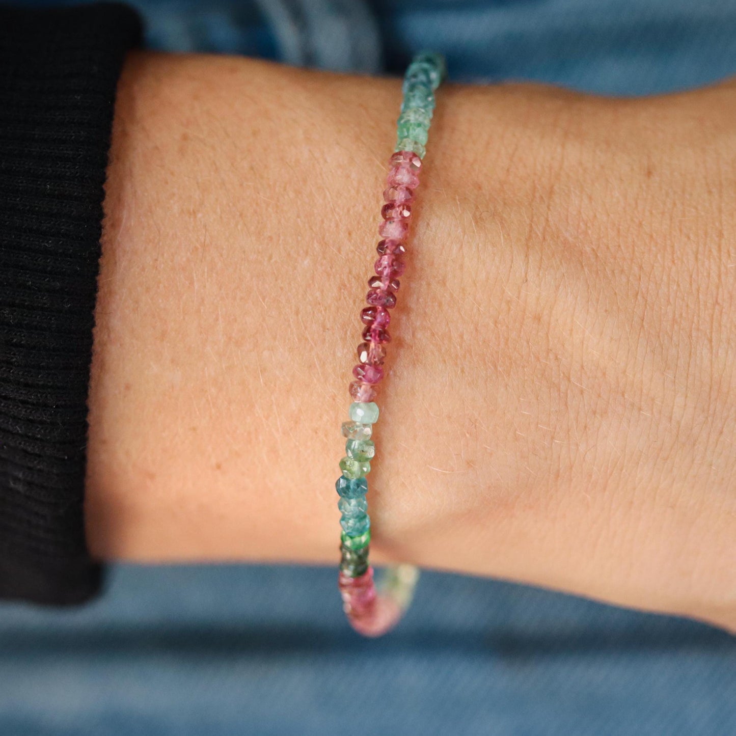 Earthly Abundance Eden Tourmaline bracelet featuring colorful, polished tourmaline stones on a delicate silver chain.