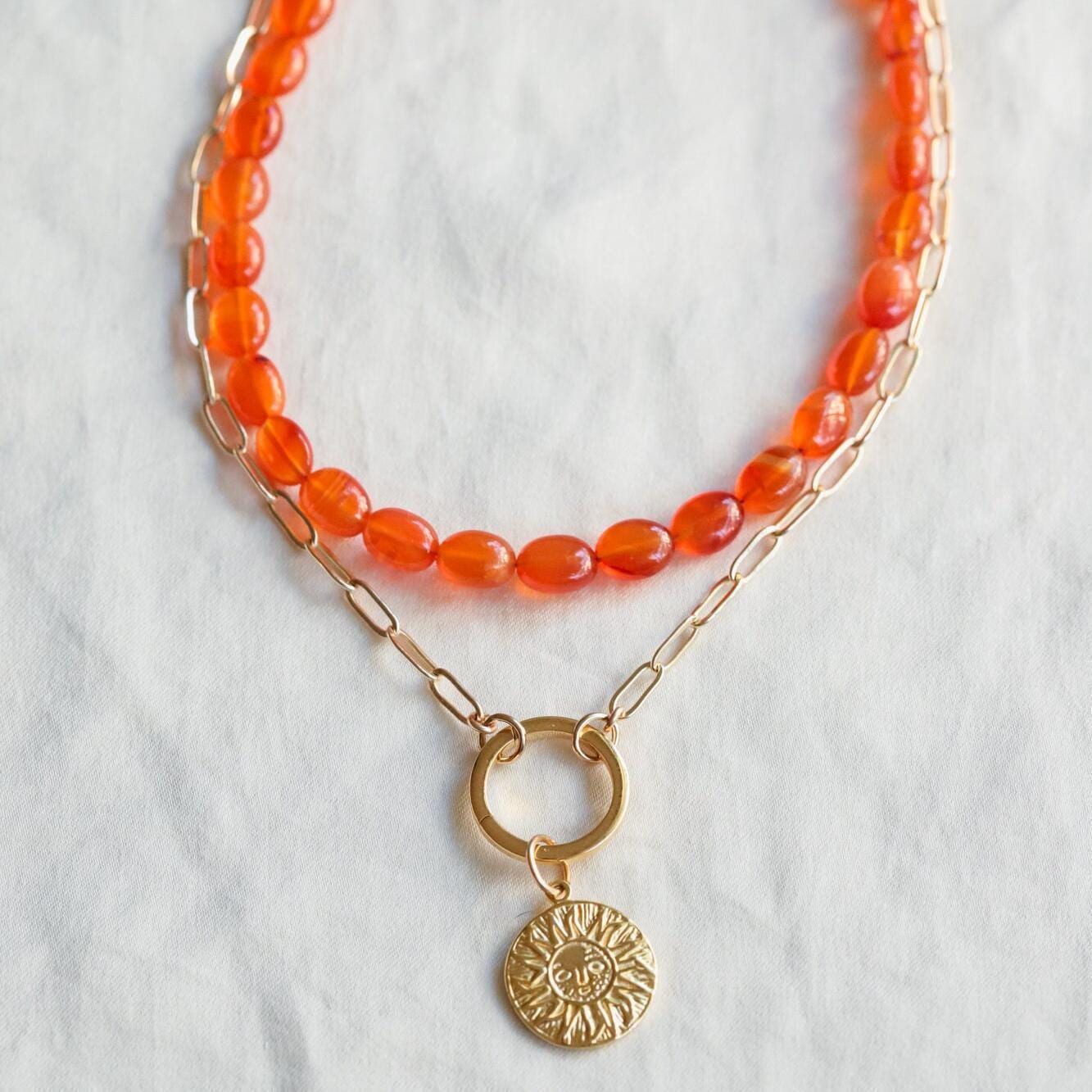 14K gold Carnelian beaded oval necklace