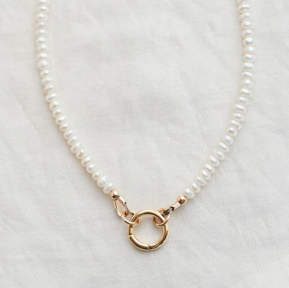Pearl carabiner necklace - 14K