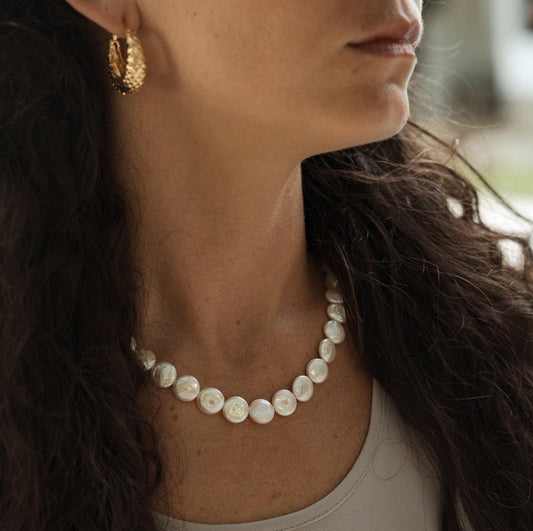 14K GOLD Freshwater Disc Pearl necklace | Pearl necklace 14K gold [ENPM1093] | freshwater pearl necklace | pearl necklace | June