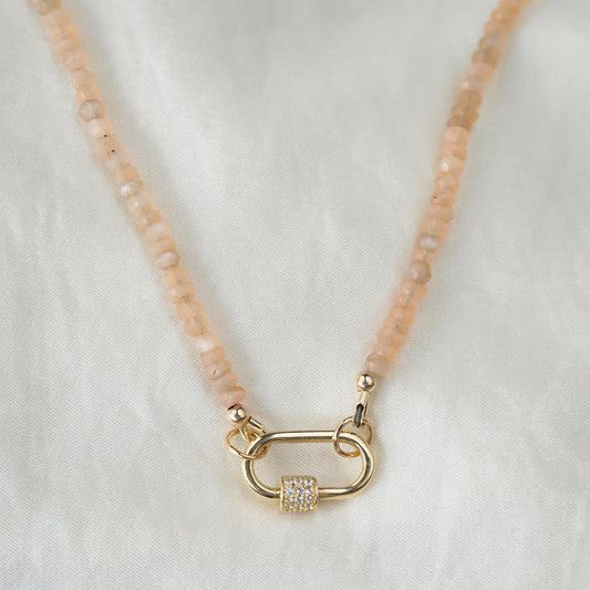 Peach Moonstone Carabiner necklace | Peach Moonstone Necklace, [ENPP1029] dainty peach moonstone , June Birthstone Jewelry, boho gemstone