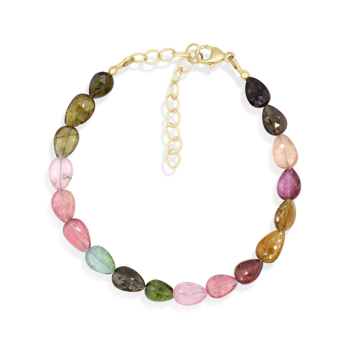 Faceted pear-shaped tourmaline bracelet with 14K gold-filled setting, featuring vibrant green and pink stones on a delicate chain.