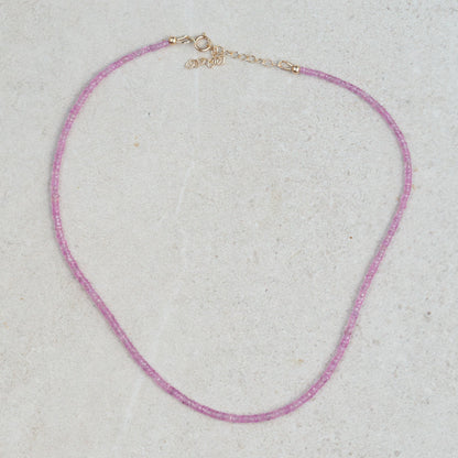 Pink sapphire necklace featuring a delicate chain and vibrant pink sapphires from Earthly Abundance.