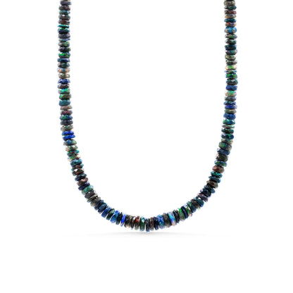 Black Ethiopian Opal beaded necklace featuring vibrant, iridescent stones on a delicate string, crafted by Earthly Abundance.