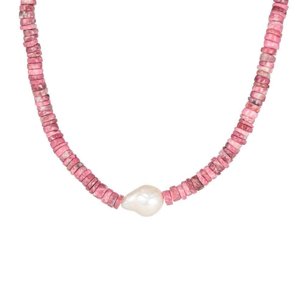 Pink thulite beaded necklace | freshwater pearl and thulite necklace | [ENTP1034] genuine thulite beaded choker | women's thulite