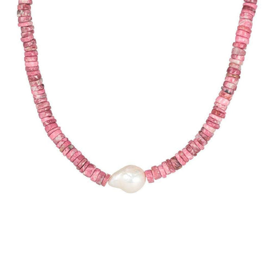 Pink thulite beaded necklace | freshwater pearl and thulite necklace | [ENTP1034] genuine thulite beaded choker | women's thulite