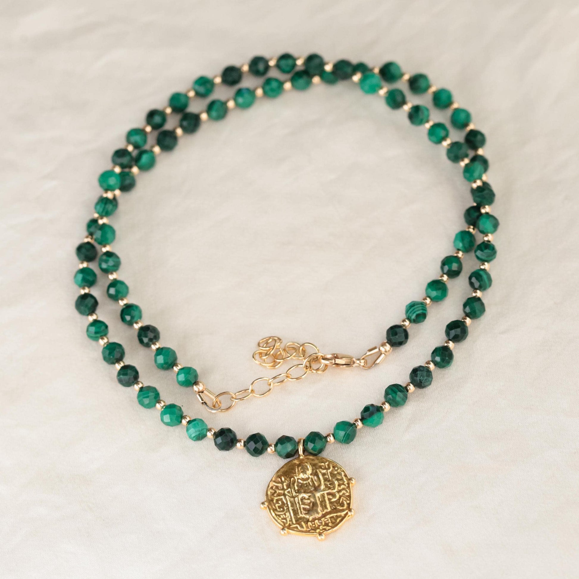 Malachite gold necklace | powerful greek inspired | [ENMM1979] beaded Malachite necklace, medallion jewelry | Malachite jewelry #0000