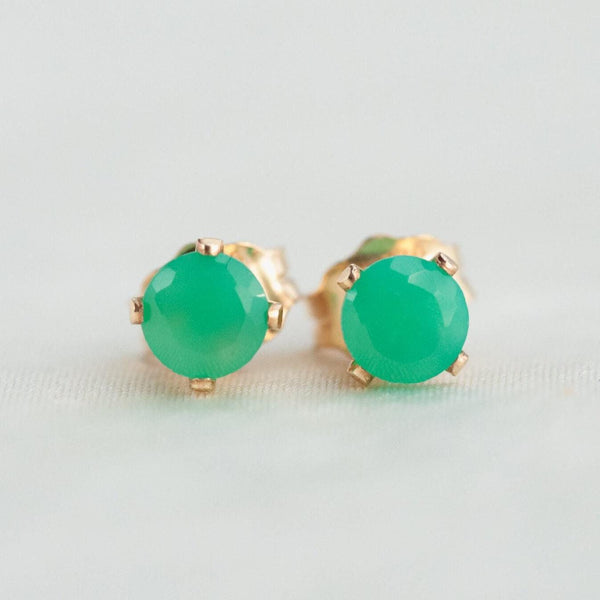 Chrysoprase stud earrings by Earthly Abundance featuring vibrant green gemstone studs on silver posts.