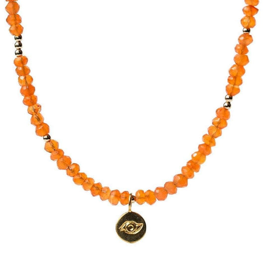 Carnelian Necklace | Beaded carnelian choker | [ENCP1376_GF_C] gold evil eye pendant | bright carnelian jewelry | Beaded layering