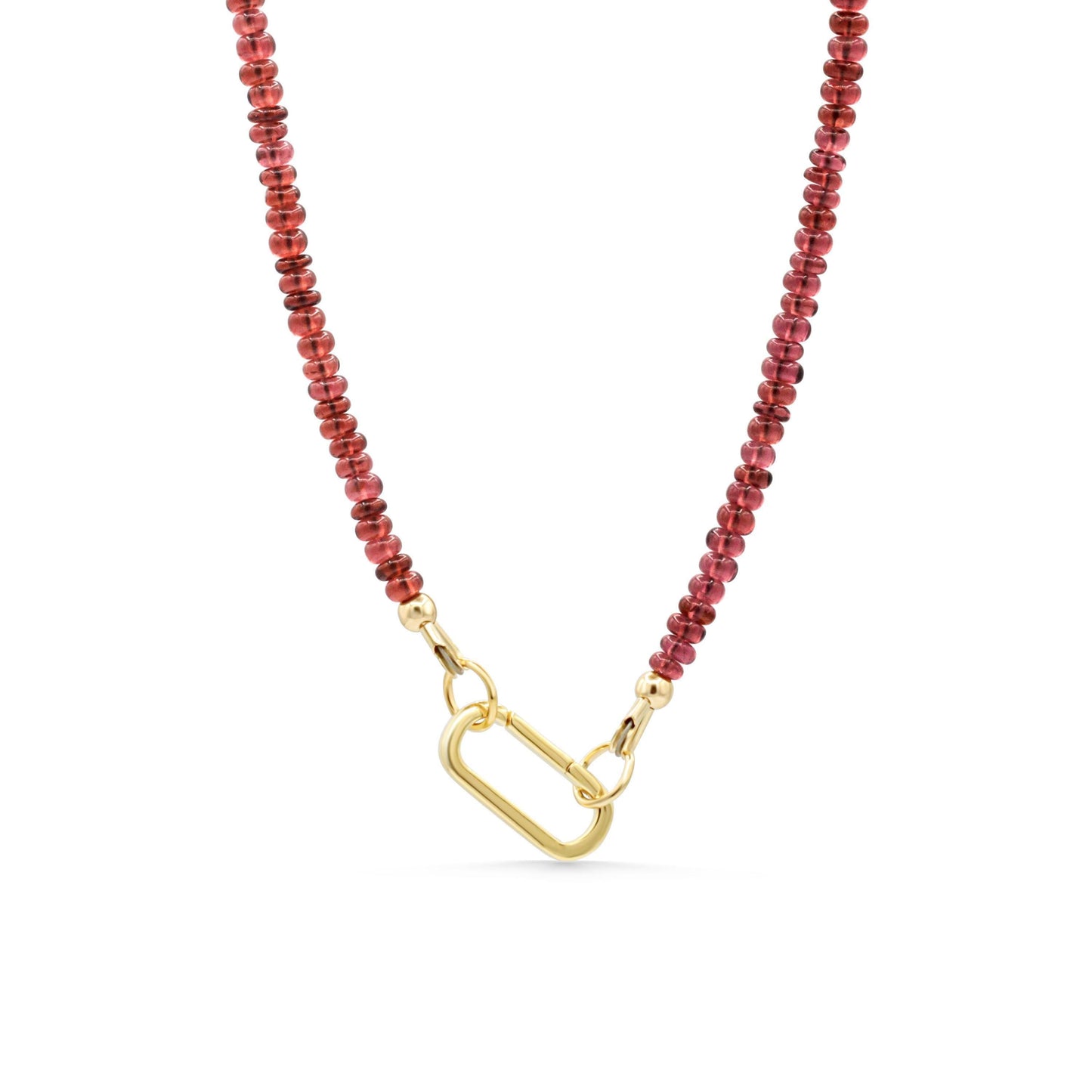 Garnet carabiner necklace from Earthly Abundance featuring a polished garnet stone on a metal chain.