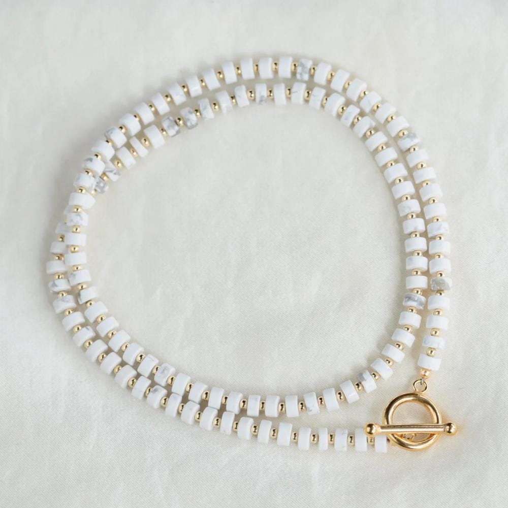 Howlite Necklace 4mm, White Gemstone Necklace, Calming Crystal Jewelry, 14K Gold Filled Toggle Necklace, Minimal Layering Necklace