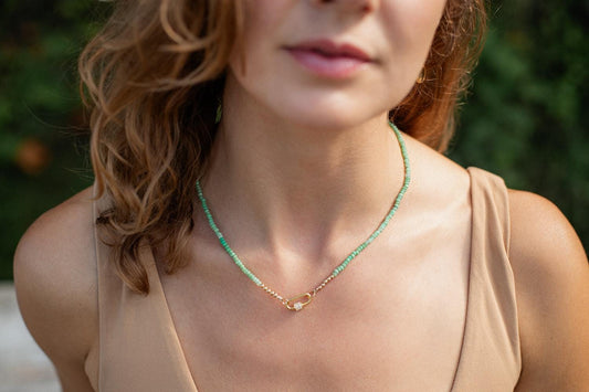Chrysoprase White topaz carabiner necklace