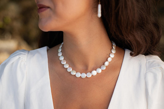 14K GOLD Freshwater Disc Pearl necklace | Pearl necklace 14K gold [ENPM1093] | freshwater pearl necklace | pearl necklace | June