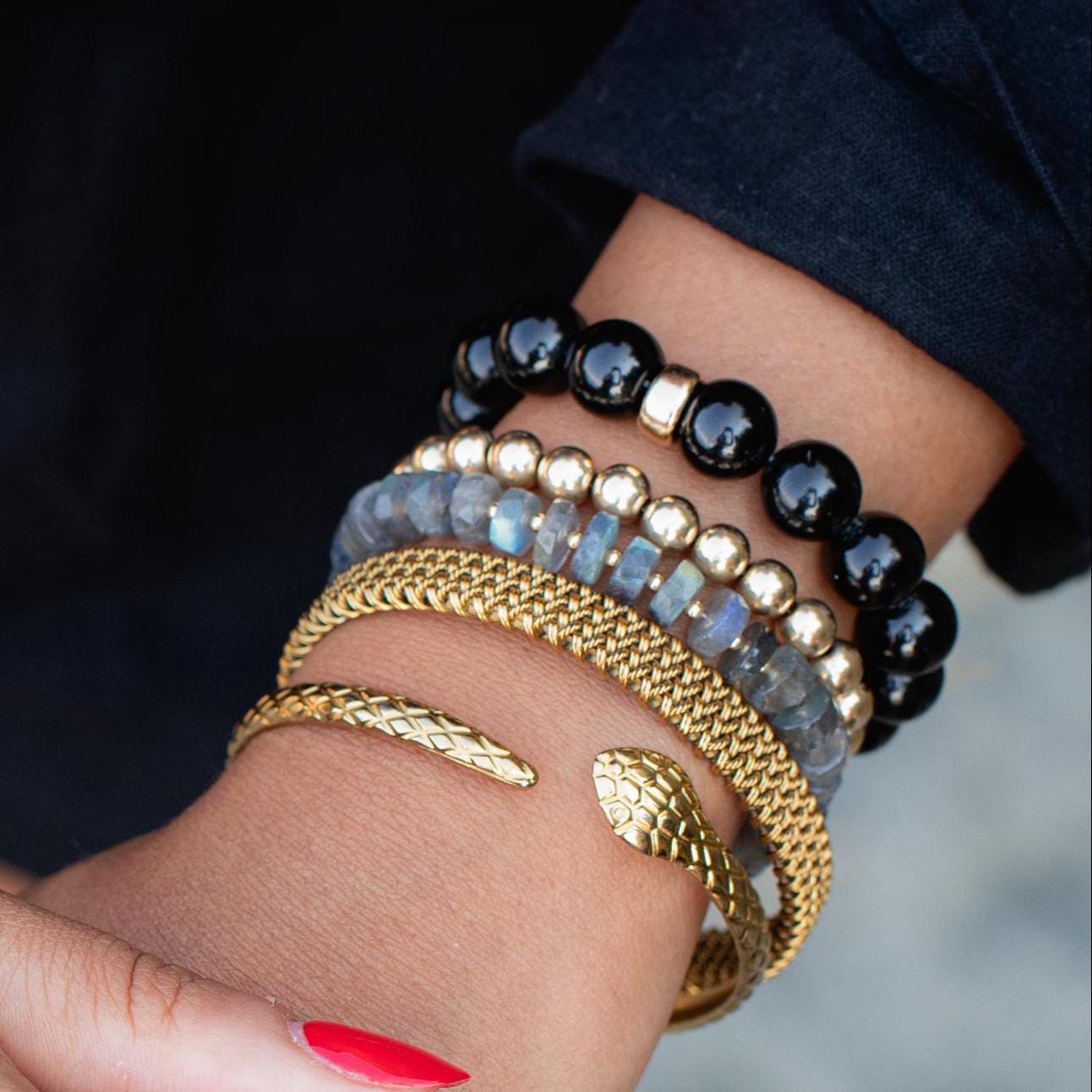 Black Tourmaline bracelet by Earthly Abundance Jewelry featuring protective black gemstones on a delicate elastic band.