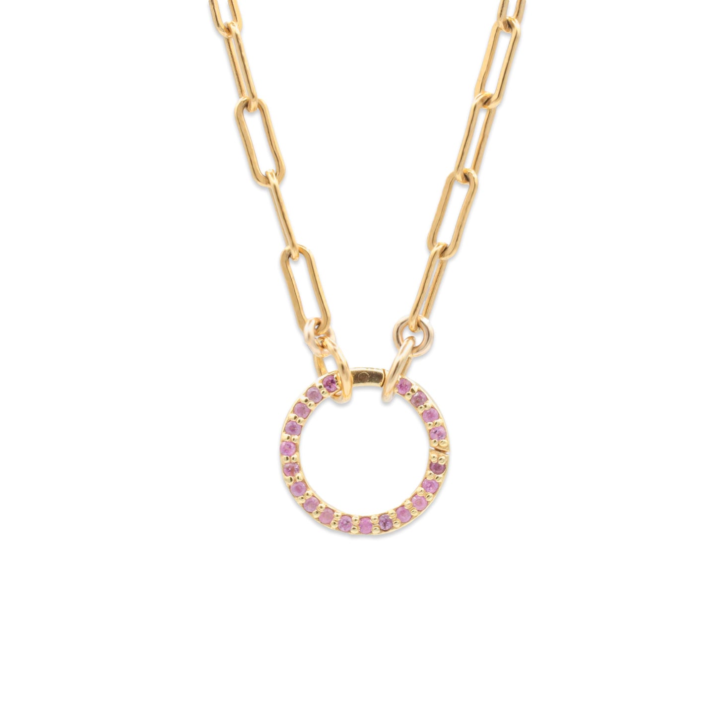 Pink sapphire or white topaz carabiner jewelry clasp with gold-tone finish, featuring a secure spring mechanism and polished surface.