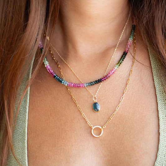 Mixed Tourmaline Button Necklace - 14K