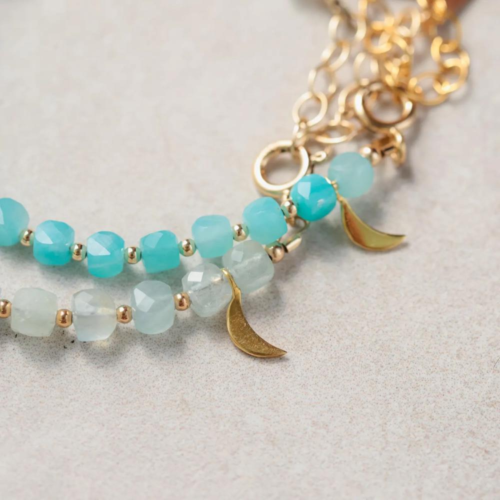 Amazonite Bracelet with Moon Charm, Cube Cut Amazonite Bracelet, Gold Filled Bracelet, Crystal Bracelet, Gemstone Bracelet, Protection