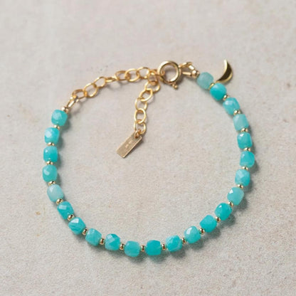 Amazonite Bracelet with Moon Charm, Cube Cut Amazonite Bracelet, Gold Filled Bracelet, Crystal Bracelet, Gemstone Bracelet, Protection