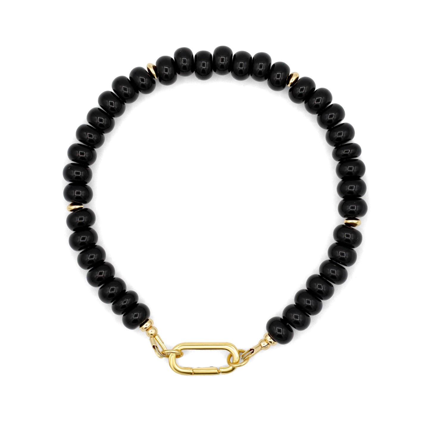 Black Onyx Carabiner Bracelet, Genuine Black Onyx Beaded Bracelet, 6mm Genuine Black Onyx gold vermeil bracelet, black onyx