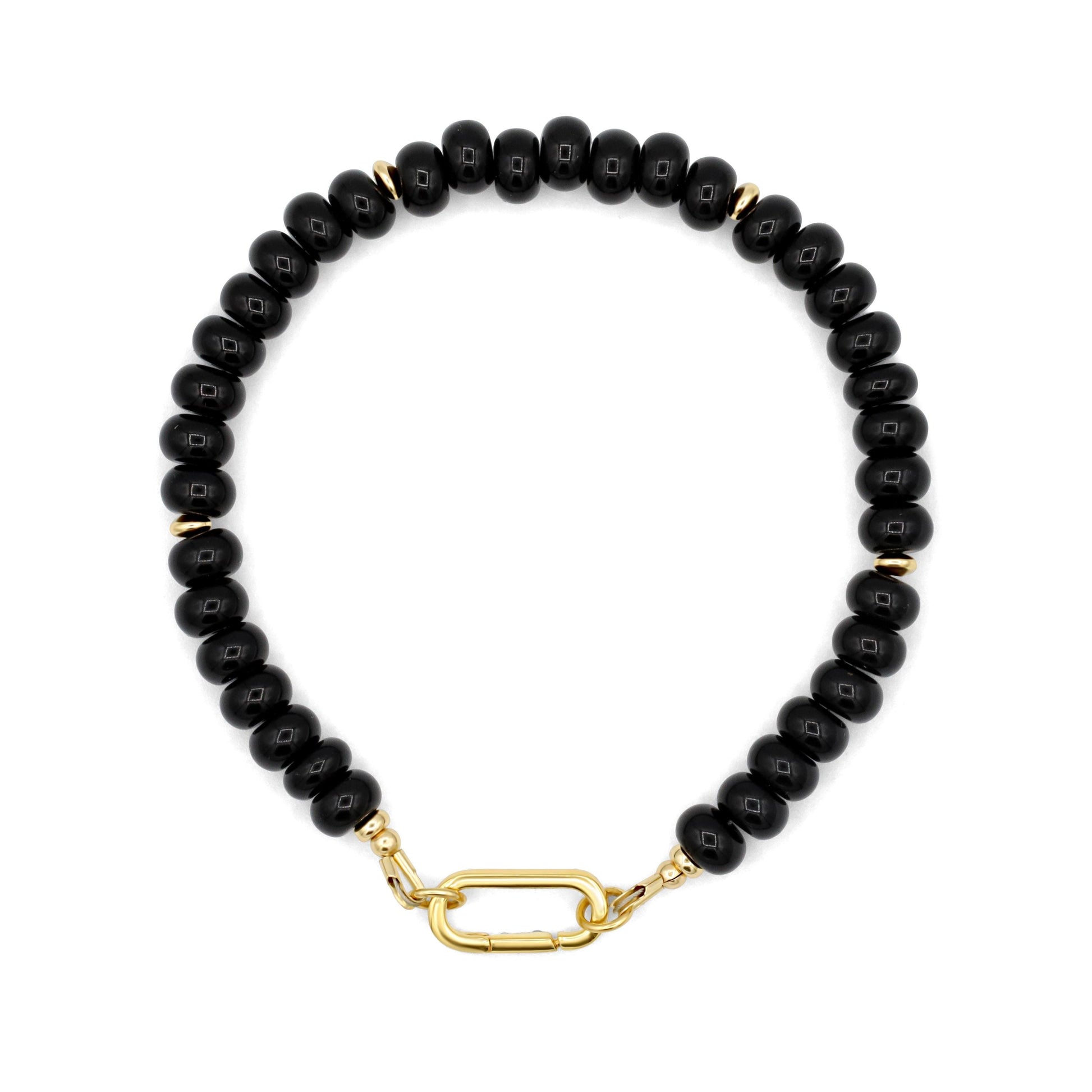 Black Onyx Carabiner Bracelet, Genuine Black Onyx Beaded Bracelet, 6mm Genuine Black Onyx gold vermeil bracelet, black onyx
