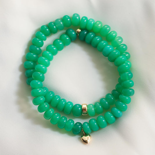 Chalcedony Bracelet Green – 8mm Gemstone • Gold Filled or Solid 14K Heart/Rondel • Stackable Stretch Bracelet