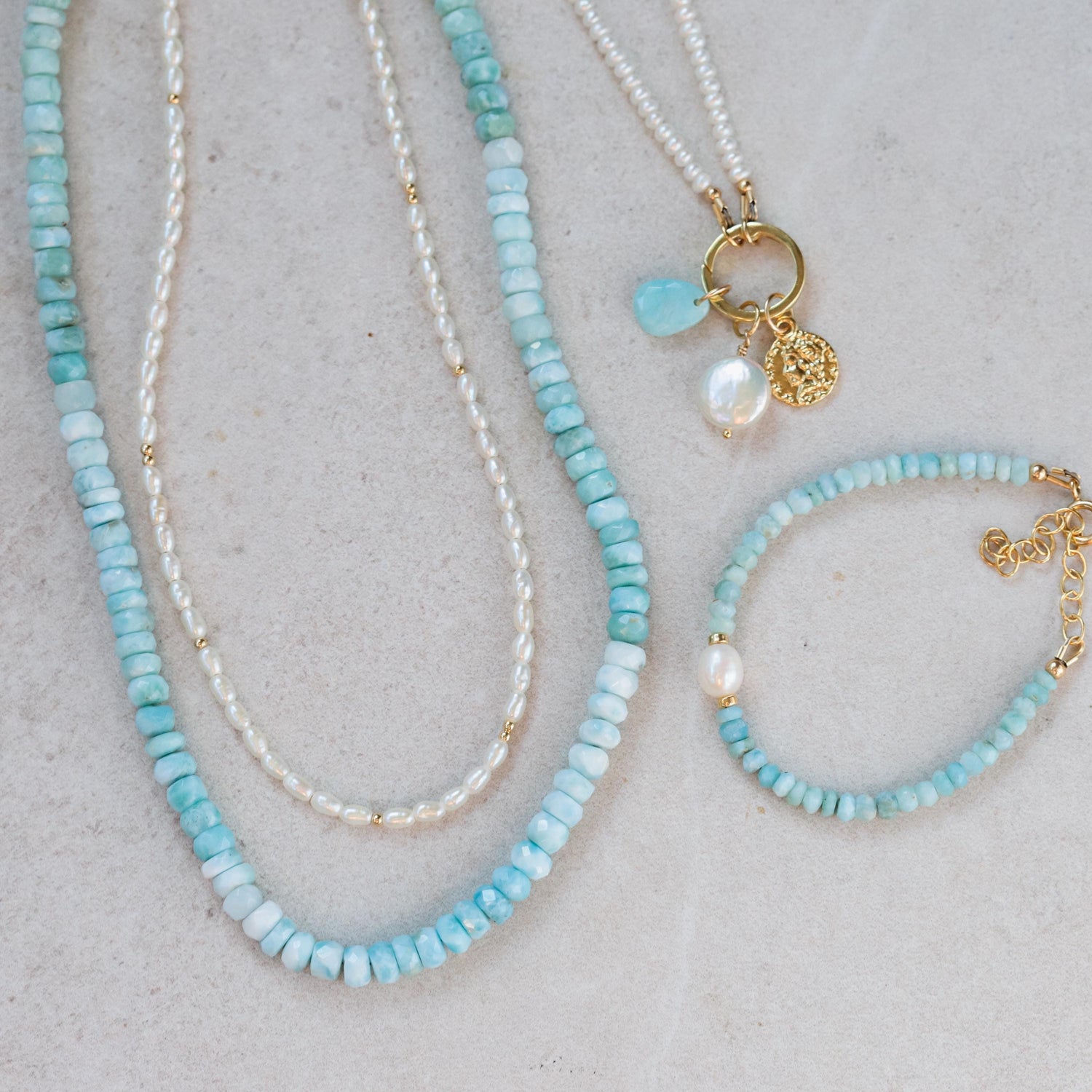Ocean Muse Jewelry Bundle • Larimar Necklace Set • Pearl Carabiner Necklace • Gold Filled Layering Set • Larimar & Pearl Bracelet • Handmade
