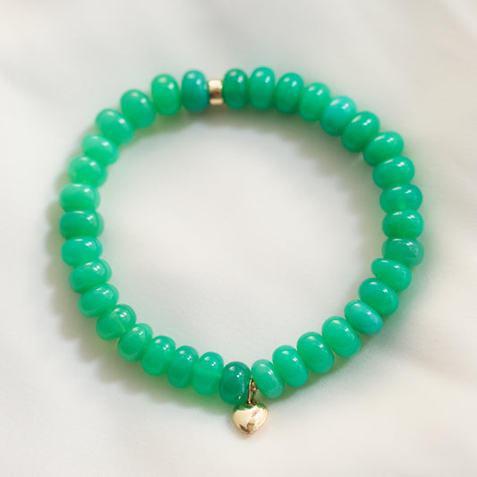 Chalcedony Bracelet Green – 8mm Gemstone • Gold Filled or Solid 14K Heart/Rondel • Stackable Stretch Bracelet