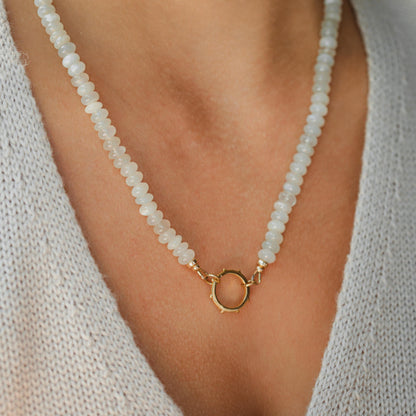 Moonstone Carabiner, White Moonstone Necklace, carabiner gemstone necklace [ENMP1054], beaded moonstone necklace, carabiner moonstone