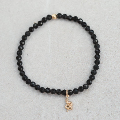 14K GOLD Obsidian Snake Bracelet • 4mm Faceted Obsidian • Solid 14K Gold Snake Charm • Protection & Transformation Jewelry • Minimalist