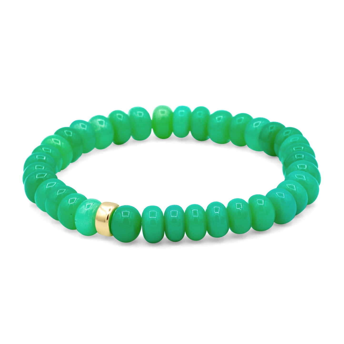 Apple green chalcedony bracelet from Earthly Abundance featuring polished round beads on a delicate elastic cord.